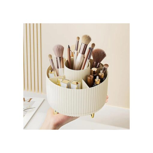 Makeup Brush Holder Organizer,360deg Rotating Makeup Brush Organizer,5 Slot Make up Brushes Cup for Cosmetics, Nail Polish, Art Supply, Bathroom Vanity Desktop Organizer - Cream