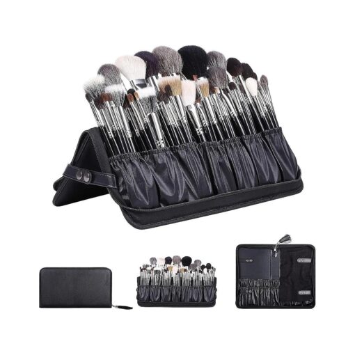 Rownyeon Professional Makeup Brushes Organizer Bag Makeup Artist Cosmetic Case Leather Handbag Black Travel Portable ( Only Bag )