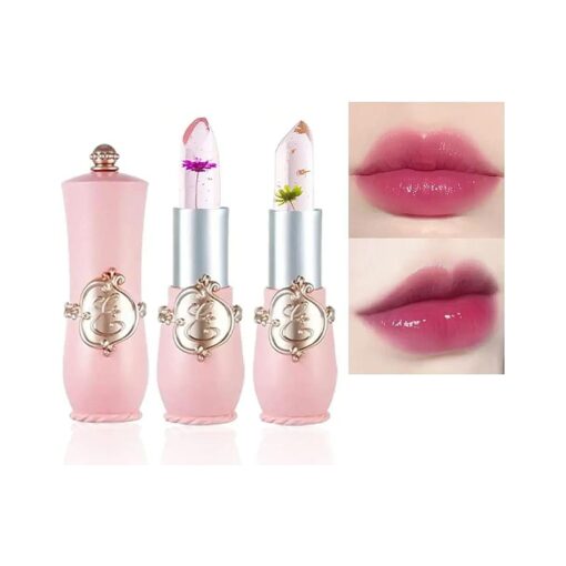 BINGBRUSH 2Pcs Color Changing Lipstick, Pink Crystal Flower Jelly PH Mood Long Lasting Labiales Lip Care Moisturizer Lip Balm Korean Magic Lip Gloss Lip Tinted Stain Makeup Set for Women