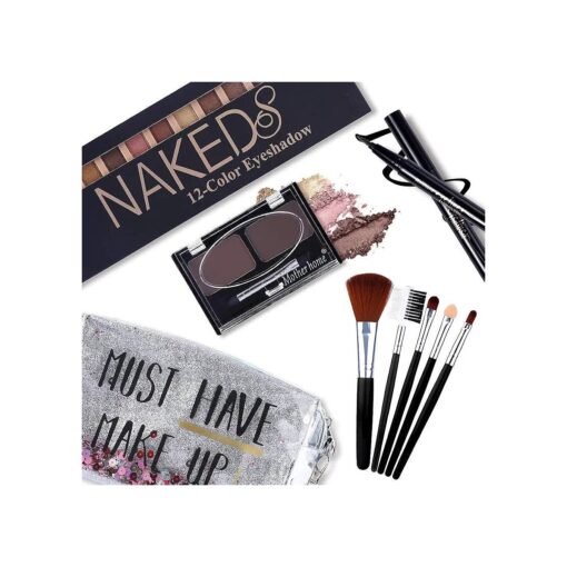 All in One Makeup Kit,12 Colors Nude Shimmer Eyeshadow Palette, Waterproof Black Eyeliner Pencil, Duo Pressed Eyebrow Powder Kit, 5 Brushes With Quicksand Cosmetic Bag Gift Set