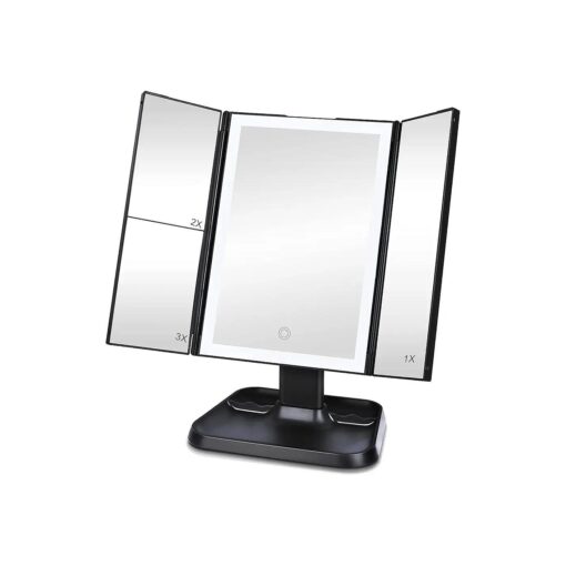 Makeup Mirror Trifold Vanity Mirror with 72 LED Lights - 3 Color Lighting Modes Makeup Mirror, 1x/2x/3x Magnification, with Touch Screen Dimming for Cosmetic ( Black )