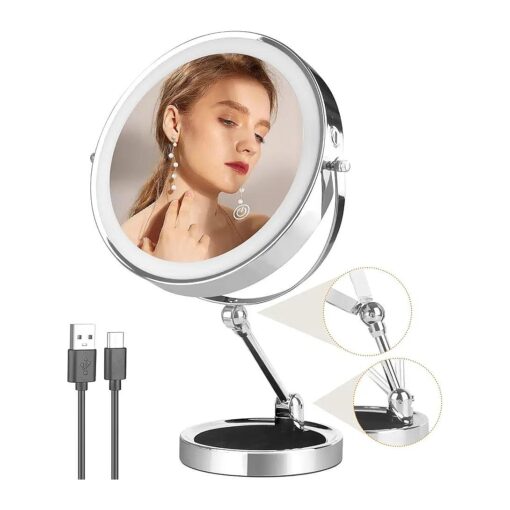 9 Inch lighted magnifying mirror with Adjustable Height, Double Side 1x/10x Magnifying Mirror with Light, 360degSwivel Vanity Mirror with Stand Brightness Adjustable Travel Cosmetic Mirror ( Chrome )