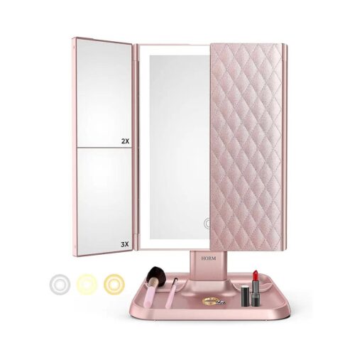 Makeup Mirror Trifold Mirror with Lights - 3 Color Lighting Modes 72 LED Vanity Mirror, 1x/2x/3x Magnification, Touch Control Design, Portable High Definition Cosmetic Lighted Up Mirror