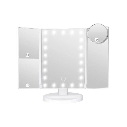 Makeup Mirror Vanity Mirror with Lights, Bathroom Adjustable Brightness Mirrors 1X/2X/3X/10X Magnification and Touch Screen Trifold Makeup Mirror Two Power Supply Modes Women Gift White