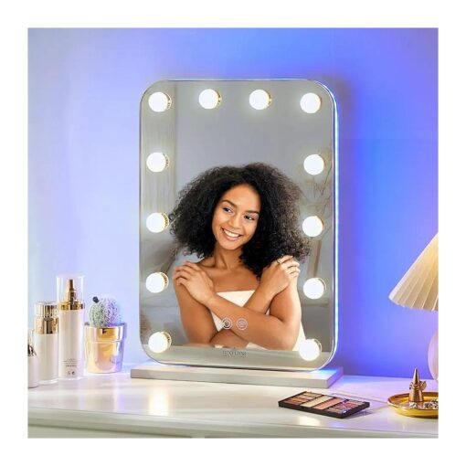 LUXFURNI Vanity Mirror with Lights, Lighted Makeup Mirror with 14 Dimmable Bulbs, Tabletop RGB Color Changing LED Mirror, 3 Color Mode, Touch Control, 20.4" Lx13.8 W