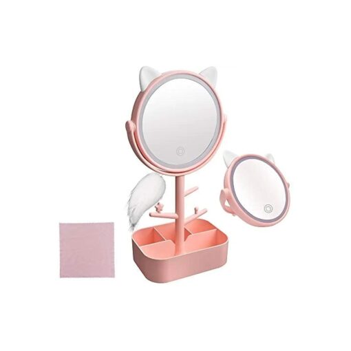 Vanity Mirror with Lights & Desk Mirror Lights Touch-Screen Light Control Portable High Definition Cosmetic Lighted Up Mirror with USB Port in 360 Degree Rotation ( Pink )