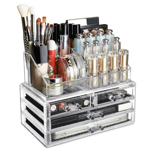 Ikee Design Acrylic Makeup Organizer with 4 Drawers and Removable Top Lipstick Holders, Ideal for Make-up or Accessories, Enhance Your Vanity or Bathroom with Clear Design for Quick Visibility