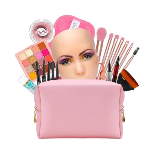 Makeup Practice Kit, Reusable Silicone Makeup Practice Face/Makeup Mannequin Face, Come with Makeup Brushes Set & Dual head Eyebrow Pencils & Eyeliners & a Pair of Eyelashes & a Makeup Bag