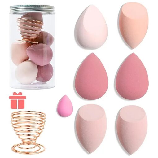 7 Pcs Makeup Blender Sponge Set - Soft Beauty Sponge Blender with a Bottle and Egg Case Holer for Blending Foundation, Cream and Powder ( Pink, Metal Holder-Can Packaging )