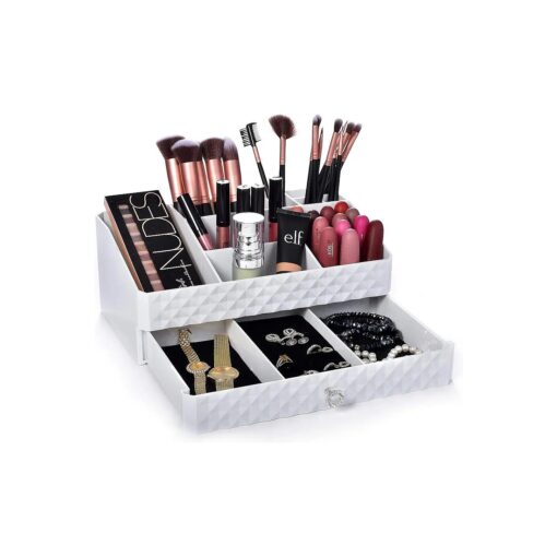 Masirs Cosmetic Storage Box Organizer - Compartments to Organize and Store Your Makeup and Accessories, Drawer with Padding to Protect Jewelry, Will Sit Neatly on Vanity or Bathroom Countertop .