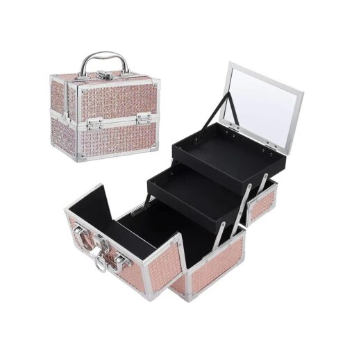 Costravio Portable Makeup Train Case Cosmetic Box 2 Trays Makeup Storage Organizer with Mirror Lockable for Nail Tech Jewelry Girls Travel Case - Rose Gold