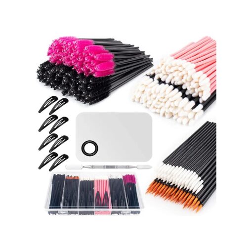 281Pieces Disposable Makeup Tools Kit Includes Stainless Steel Makeup Mixing Palette with Spatula Plastic Organizer Box Hair Clips Eyeliner Brushes Mascara Wands and Lipstick Applicators Lip Wands