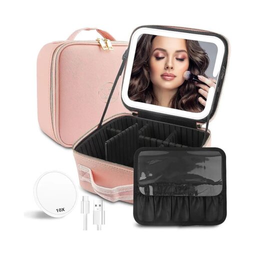 Makeup Train Case with Light & Mirror Large Cosmetic Organizer with Double-Sided 1X/10X Magnifying Foldable Makeup Mirror & Pink Jewelry Box, Suitsmall