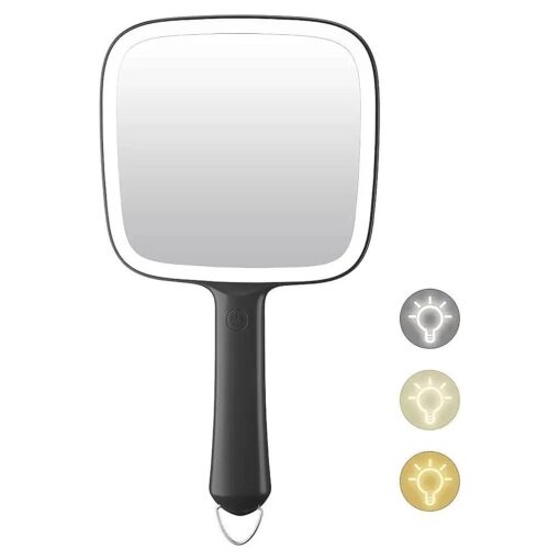 Hand Mirror with 3 Light Color & Dimmable, 6.2" X 5.9" Lighted Handheld Mirror, Lightweight & Durable, Portable & Hangable for Makeup Application, Hair Styling, Shaving or Travel, Battery Operated