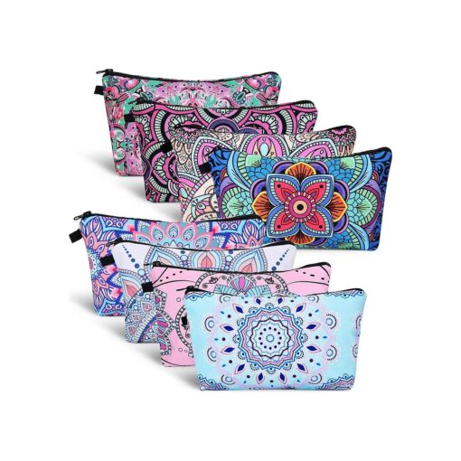 8 Pieces Cosmetic Bag Makeup Bag Waterproof Travel Toiletry Pouch Bag with Mandala Flowers Design, 8 Styles ( Round Mandala Flowers )