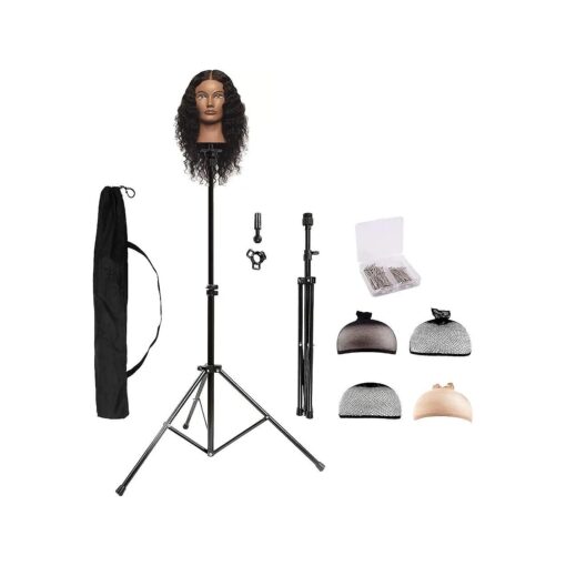 HYOUJIN Wig Head Stand, Wig Stand Tripod Mannequin Head Stand Metal Adjustable Holder for Mannequin Head, Manikin Head, Training Head, Canvas Block Head with Wig Caps, T-Pins, Carry Bag 35.4-52.4 in ( Black )