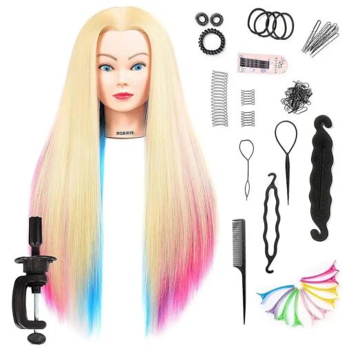 Mannequin Head with Long Synthetic Fiber Colorful Hair Styling Training Head 26-28inch Manikin Cosmetology Doll Head Hairdressing Training Model for Cutting Braiding Practice and Free Clamp Holder