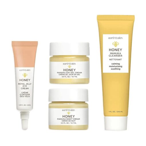 Earth To Skin Facial Care Starter Set : Manuka Honey Cleanser ( 1.0 Fl Oz ), Day Gel Cream ( 0.5 Fl Oz ), Night Cream ( 0.5 Fl Oz ), and Royel Jelly Eye Cream ( 0.23 Fl Oz )