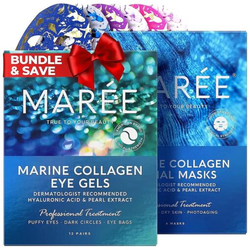 MAREE Eye Gels & Facial Masks Bundle - Under Eye Gels for Puffy Eyes and Dark Circles, Sheet Moisturizing Masks - Marine Collagen & Hyaluronic Acid, Green & Red Algae Extract - for All Skin Types