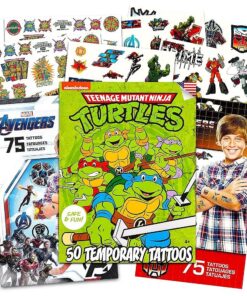 Superhero Tattoos for Boys Kids Party Bundle - 200 Licensed Temporary Tattoos Featuring Transformers, Teenage Mutant Ninja Turtles, and Marvel Avengers ( Party Supplies )