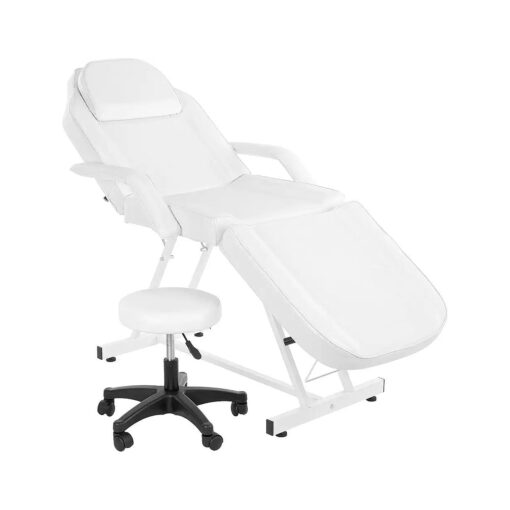 Massage Salon Tattoo Chair Esthetician Bed with Hydraulic Stool, Multi-Purpose 3-Section Facial Bed Table, Adjustable Beauty Barber Spa Beauty Equipment, White