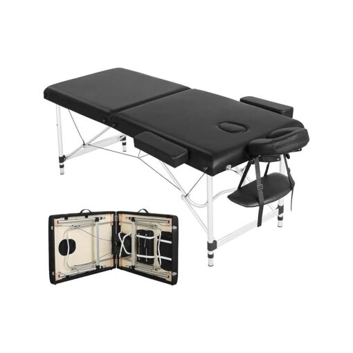 Artechworks Lightweight Massage Table with Aluminium Frame, 2 Fold Beauty Therapy Bed, w/Free Carry Case, Face Cradle, Arm Rests ( Black )