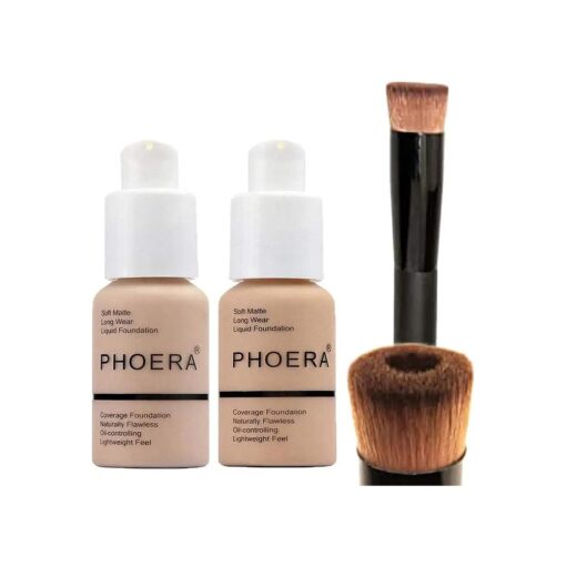 Phoera Foundation Set with Makeup Brush - Matte Cream Foundation Kit with 102 ( Nude ) & 104 ( Buff Beige ) Full Coverage Concealer - 24hr Matte Oil Control - 30ml x 2