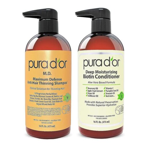 PURA D'OR Anti-Thinning Biotin Shampoo & Conditioner Set, Maximum Defense Coal-Tar Strong Scented DHT Blocker Hair Thickening Products For Women & Men, Daily Routine Shampoo For Scalp Health, 16oz x 2