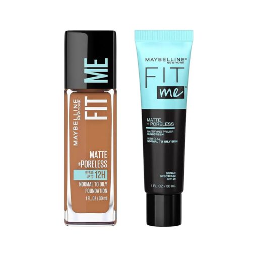 Maybelline Fit Me Matte + Poreless Liquid Foundation + Fit Me Mattifying Primer Makeup Bundle, Includes 1 Foundation in Coconut and 1 Primer