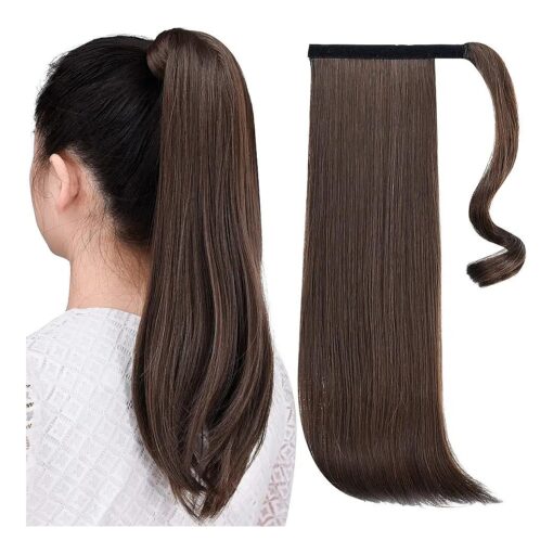 SYXLCYGG Wrap Around Ponytail, Ponytails Extensions Brown Straight 18" 4.1 Oz Women Synthetic Black Hair Extensions Fake Clip Hair Piece Girl