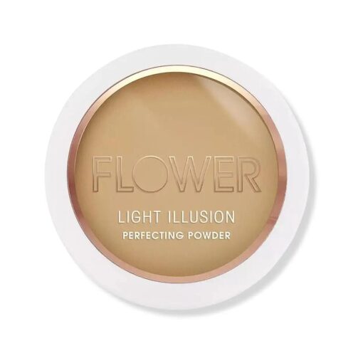 FLOWER Beauty By Drew Barrymore Light Illusion Perfecting Powder - Powder Foundation + Setting Powder for Makeup - Medium Buildable Coverage - Natural Glow + Flawless Finish - Mirror + Sponge Include d ( Caramel )