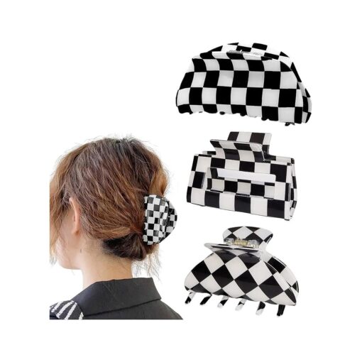 Womens Checkered Hair Clip Medium Checkered Claw Clips Black And White Jaw Clip,3pack