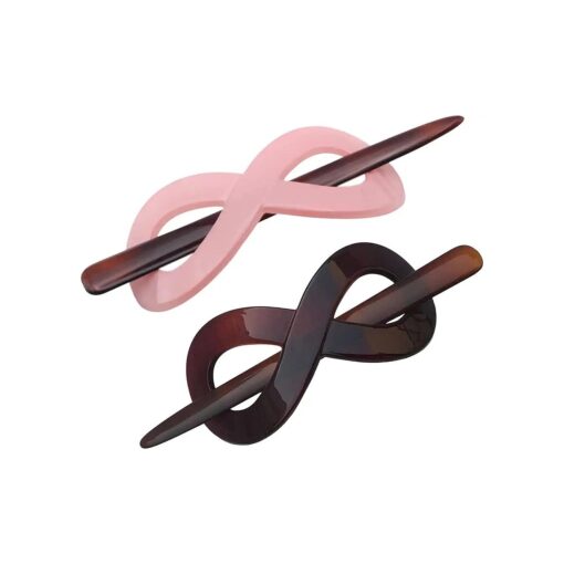 Parcelona French Infinity Medium 3 1/2" Celluloid Set of 2 Metal Free Hair Slider Pin Thru Barrette Clip with Stick Women Hair Accessories Bun Cover for Women Ponytail Strong Hold No Slip Grip Fashion Durable Styling, Made in France ( Pink-Brown )