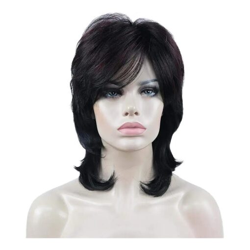 Aimole Soft Shaggy Layered Wig Medium Length Synthetic Hair Women Wigs ( 1B-39T Black with Highlight Dark Red )