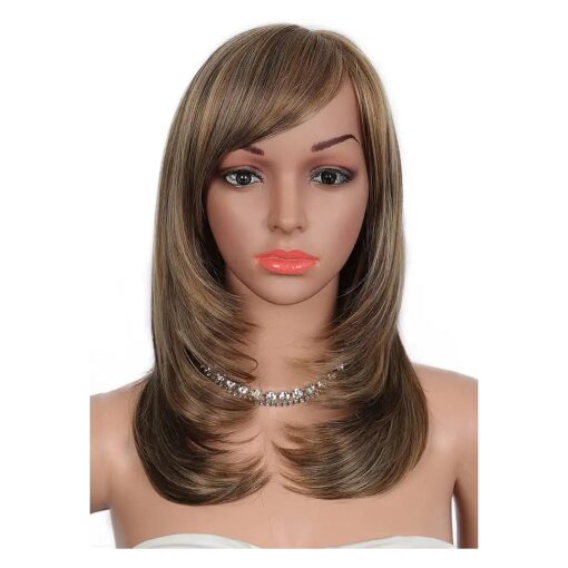 Kalyss Brown with Highlights Synthetic Women 's Wigs with Hair Bangs Medium Long Straight Layered Wigs for Women Synthetic Natural Looking Heat Resistant Fiber Hair Wig