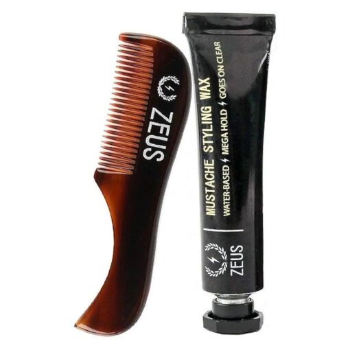 ZEUS Mustache Styling Kit - Mega Hold Wax & Saw-Cut Mustache Pocket Comb, Fined Toothed, Durable Cellulose, Hand Polished