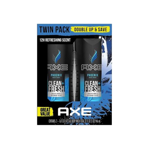 AXE Body Wash. 12h Refreshing Scent Phoenix Crushed Mint & Rosemary Men 's Body Wash with 100 % Plant-Based Moisturizers 16 oz Twin Pack