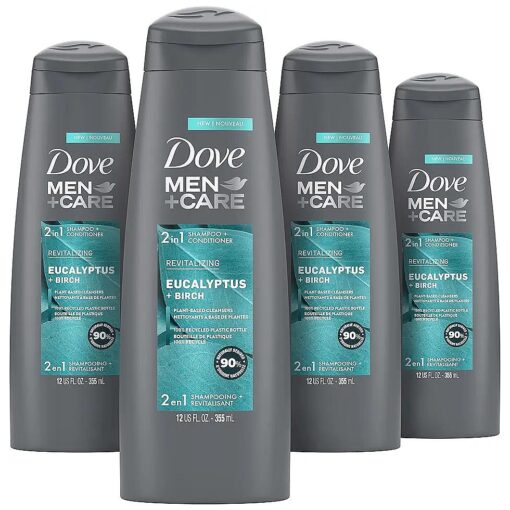 DOVE MEN + CARE 2 in 1 Shampoo & Conditioner Eucalyptus & Birch 4 Count For Healthy-Looking Hair Naturally Derived Plant Based Cleansers 12 oz