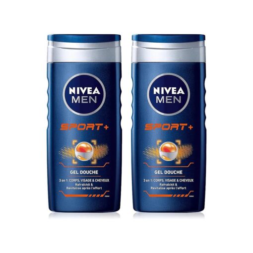 Nivea Men 3 in 1 Sport Shower Gel ( 2 x 250 ml ), Men 's Body Wash for Body, Face and Hair, Gentle After Sports Cleanser, Conditioner & Freshness Shower Soap 24 Hours