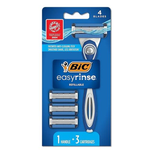 BIC EasyRinse Anti-Clogging, Refillable Men 's Razors With 4 Blades, 1 Handle and 3 Refill Razor Cartridges Razor Kit