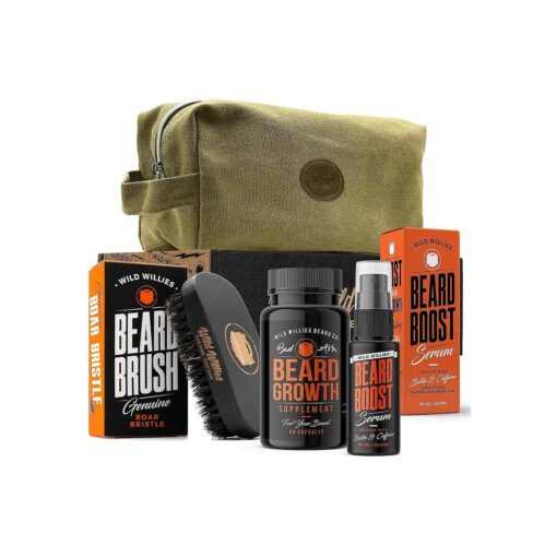 Beard Growth Kit for Men by Wild Willies - Mens Grooming Beard Kit - Includes Beard Growth Serum & Supplement with Boar Bristle Beard Brush, & Travel Bag - Wild Willies Fuel Kit