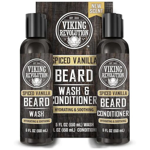 Viking Revolution Beard Wash and Beard Conditioner for Men with Argan Oil and Jojoba Oil - Beard Softener and Strengthener Beard Care Beard Shampoo and Conditioner with Beard Oil ( 5oz, Spiced Vanilla )