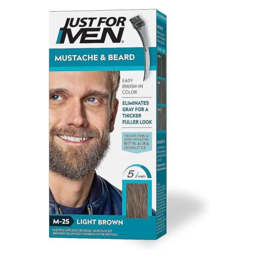 Just For Men Mustache & Beard, Beard Dye for Men with Brush Included for Easy Application, With Biotin Aloe and Coconut Oil for Healthy Facial Hair - Light Brown, M-25, Pack of 1