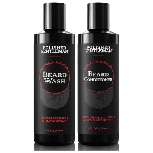 Polished Gentleman Beard Shampoo and Conditioner Set - Refreshing Beard Moisturizer & Mustache Softener - Beard Thickener with Tea Tree & Growth Oil - Paraben-Free & Sulfate-Free - Made by USA ( 4Oz )