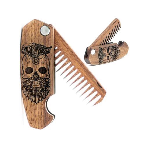 Beard Comb for Men - Pocket Folding Combs for Mustache & Hair Travel Natural Wooden Comb with Skull Engraving - Perfect for Use w/Beard Balm Oil