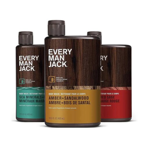 Every Man Jack Men 's Body Wash Variety Pack - Includes 3 Body Washes with Natural Ingredients & Incredible Scents - Amber + Sandalwood, Cedar + Red Sage, Sea Minerals + Citron Fragrances