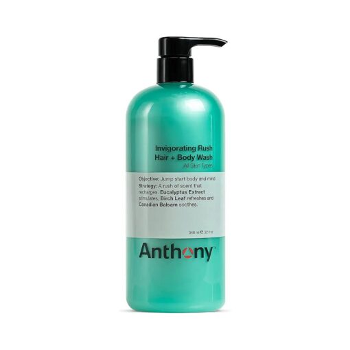 Anthony Mens Body Wash and Shampoo : Invigorating Rush 2-In-1 Liquid Gel Soap & Hair Shampoo - Pine Wood Scent Contains Eucalyptus Extract, Canadian Balsam & Birch Leaf 32 Fl, Oz