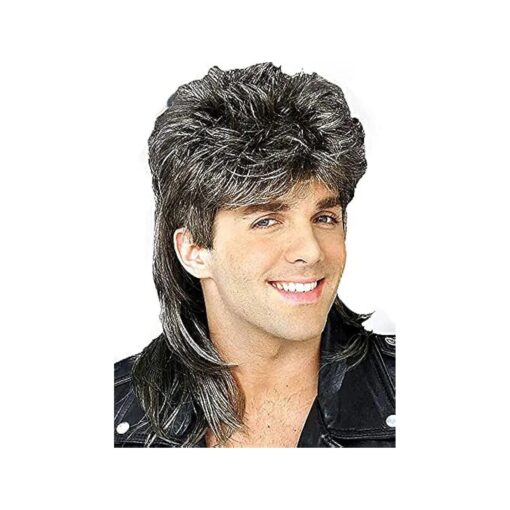 Swiking Mullet Wigs for Men Grey 70s 80s Disco Rocker Curly Punk Fancy Retro Party Halloween Cosplay Costume Wigs ( Grey )