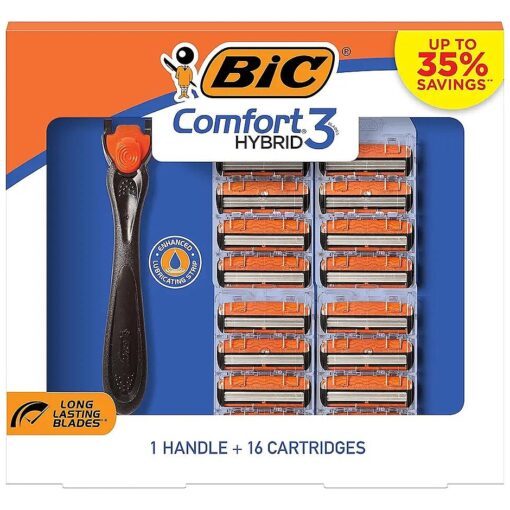 BIC Comfort 3 Hybrid Disposable Razors for Men, 1 Handle and 16 Cartridges With 3 Blades, 17 Piece Razor Kit for Men Orange