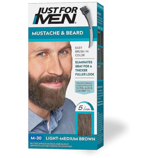 Mustache & Beard, Beard Dye for Men with Brush Included for Easy Application, With Biotin Aloe and Coconut Oil for Healthy Facial Hair - Light-Medium Brown, M-30, Pack of 1